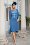 Robe mère de la mariée deux pièces gris bleu avec dentelle