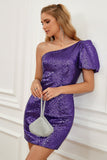 Purple One Shoulder Puff Manches Pailletée Robe de retour