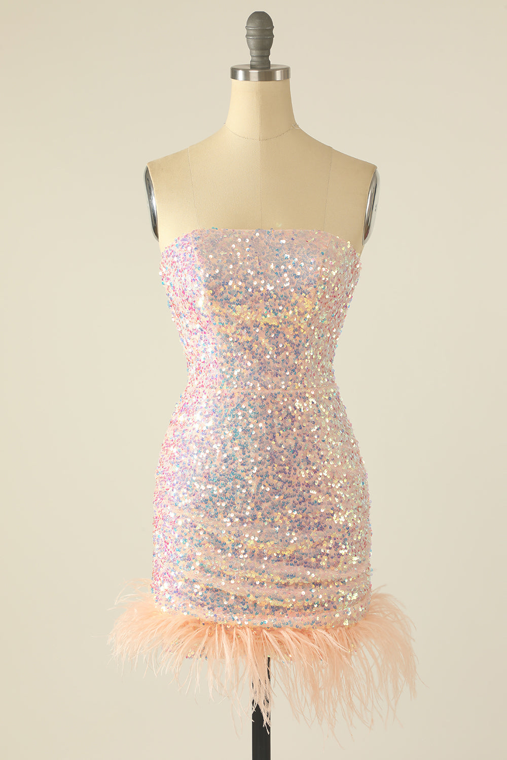 Robe de retour à paillettes bleu ciel avec plumes