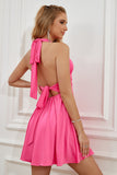 Fuchsia Halter Backless Lace Up Robe de retour
