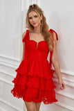Robe courte à la maison à plusieurs niveaux rouges avec nœuds