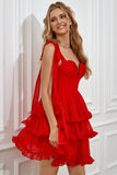 Robe courte à la maison à plusieurs niveaux rouges avec nœuds