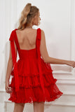 Robe courte à la maison à plusieurs niveaux rouges avec nœuds