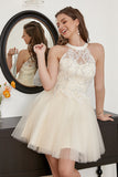 Champagne Perlé Halter Tulle Mignonne Robe De Retour