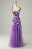 Une ligne Sangles Spaghetti Violettes Robe de bal avec fleurs 3D