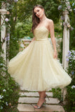Spaghetti Jaunes Straps Tea Length Prom Dress