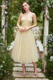 Spaghetti Jaunes Straps Tea Length Prom Dress