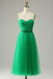 Robe de bal midi en tulle vert A-line avec volants