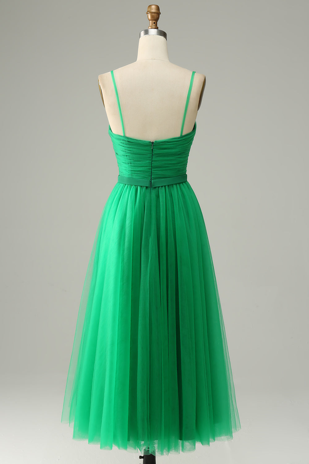 Robe de bal midi en tulle vert A-line avec volants