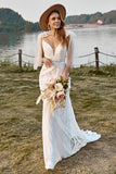 Ivory Mermaid Dentelle Sweep Train Boho Robe de mariée avec nœuds papillon