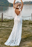 Ivory Mermaid Dentelle Sweep Train Boho Robe de mariée avec nœuds papillon