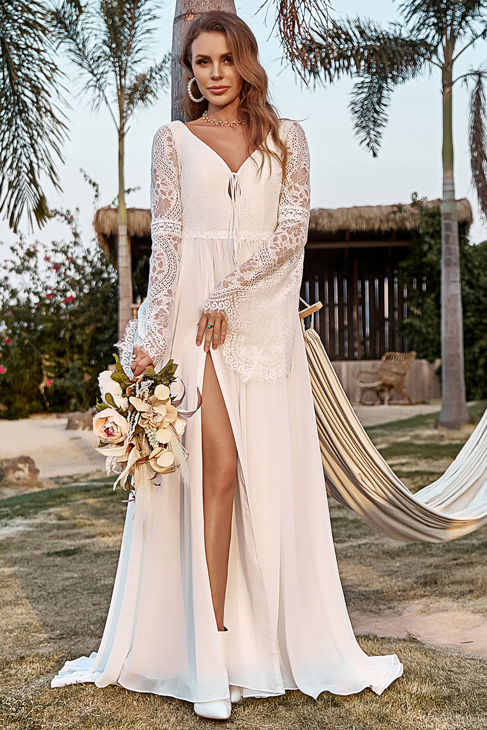 Dentelle Ivoire Mousseline de Soie Trompette Manche Boho Robe de mariée