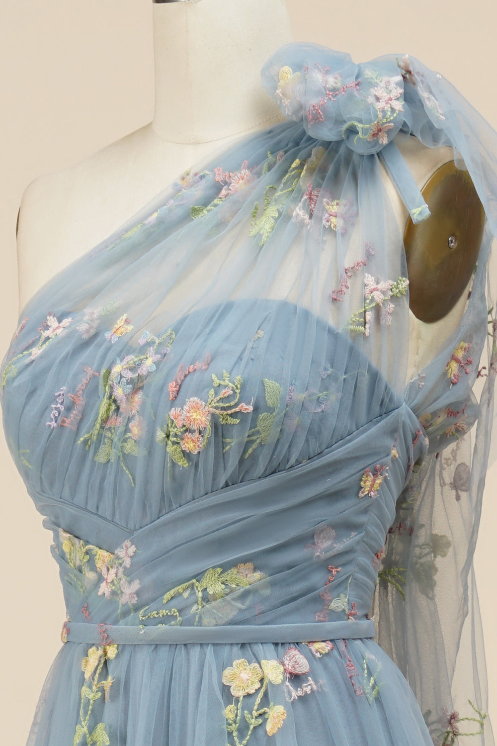 A-Line Gris Bleu Long Bal Robe avec Broderie