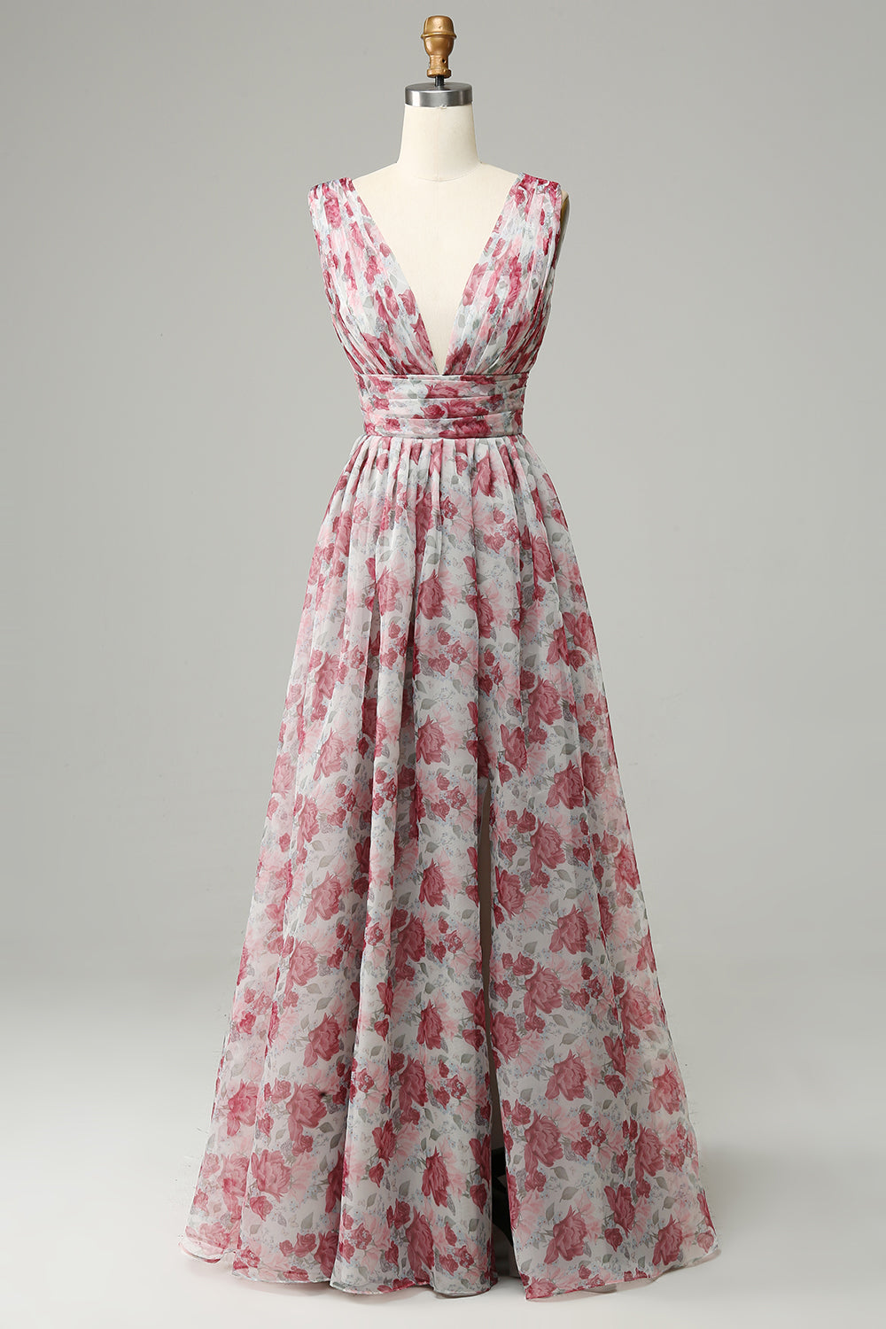Robe de demoiselle d’honneur longue florale grise et rose