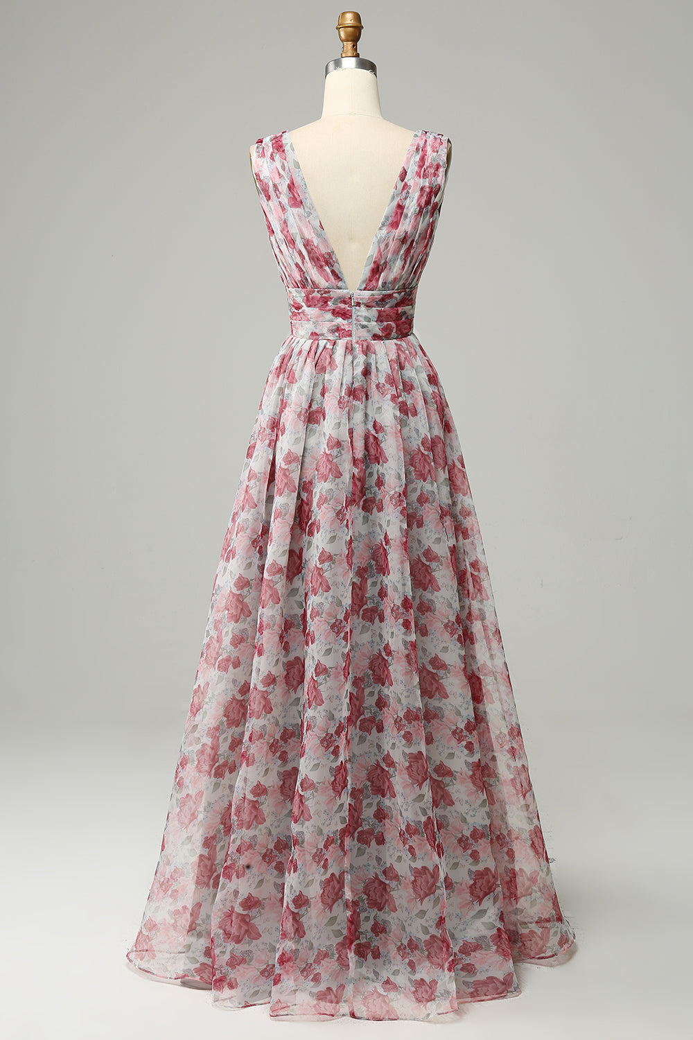 Robe de demoiselle d’honneur longue florale grise et rose
