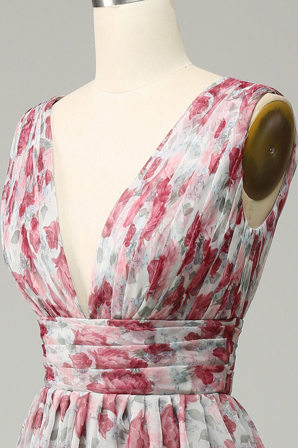 Robe de demoiselle d’honneur longue florale grise et rose
