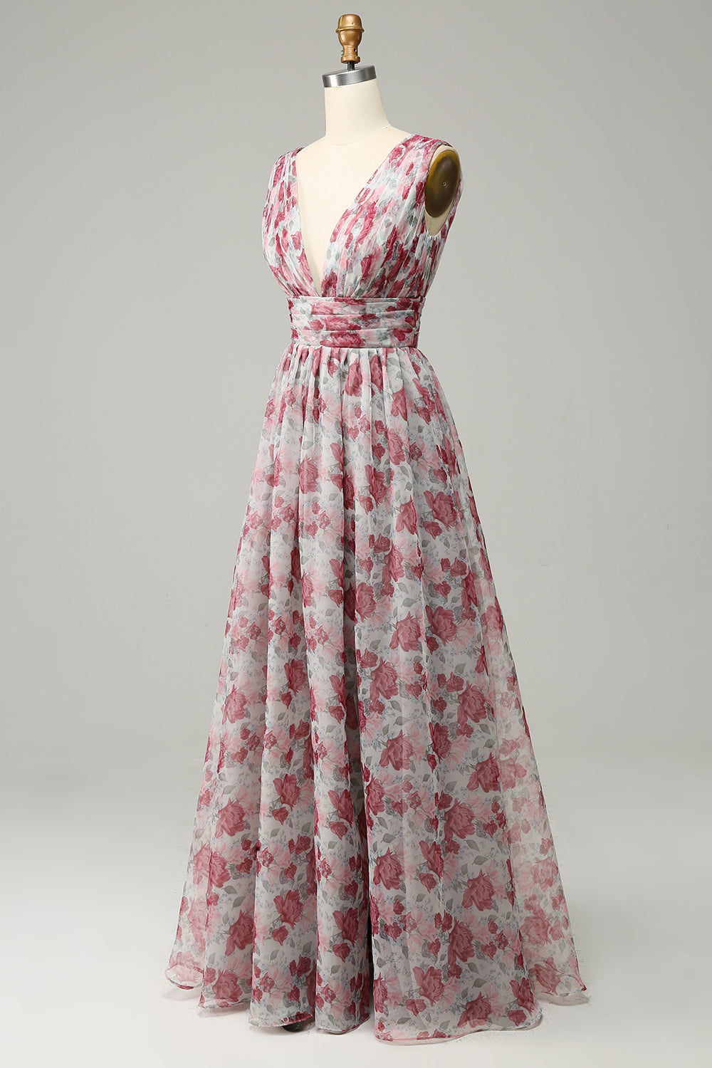 Robe de demoiselle d’honneur longue florale grise et rose