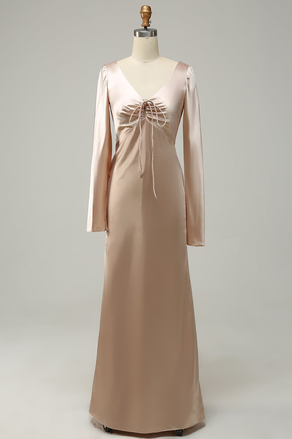 V-Neck Champagne Robe de demoiselle d’honneur longue avec manches