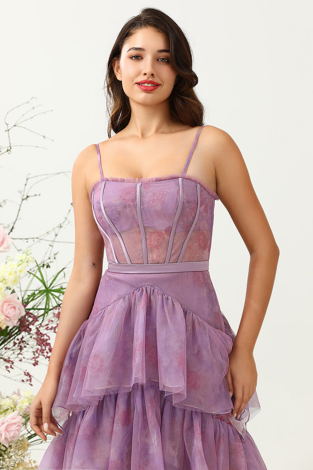 Sangles Spaghetti en Tulle Violet Corset Robe de demoiselle d’honneur