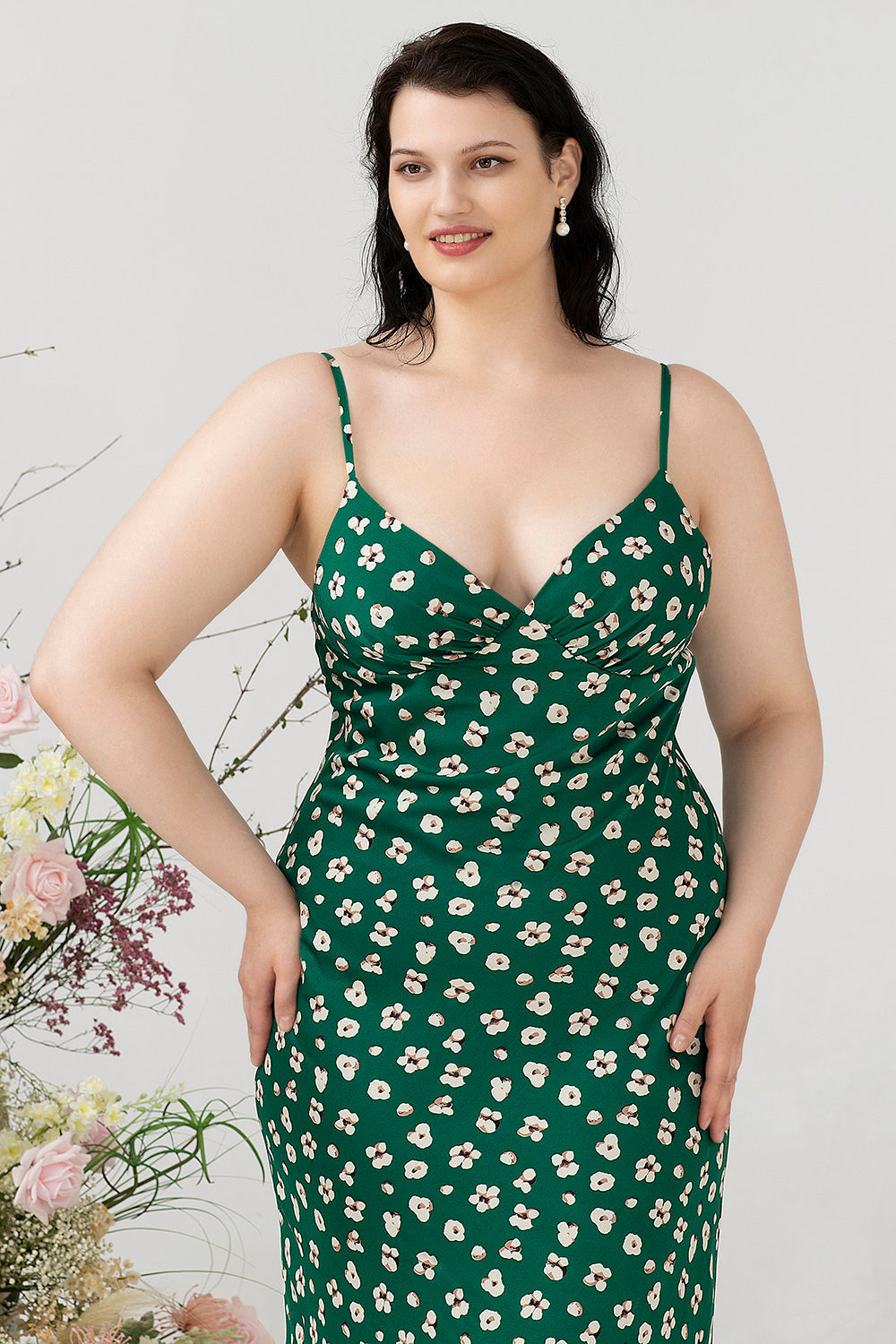 Robe de demoiselle d’honneur verte imprimée florale été plus grande taille