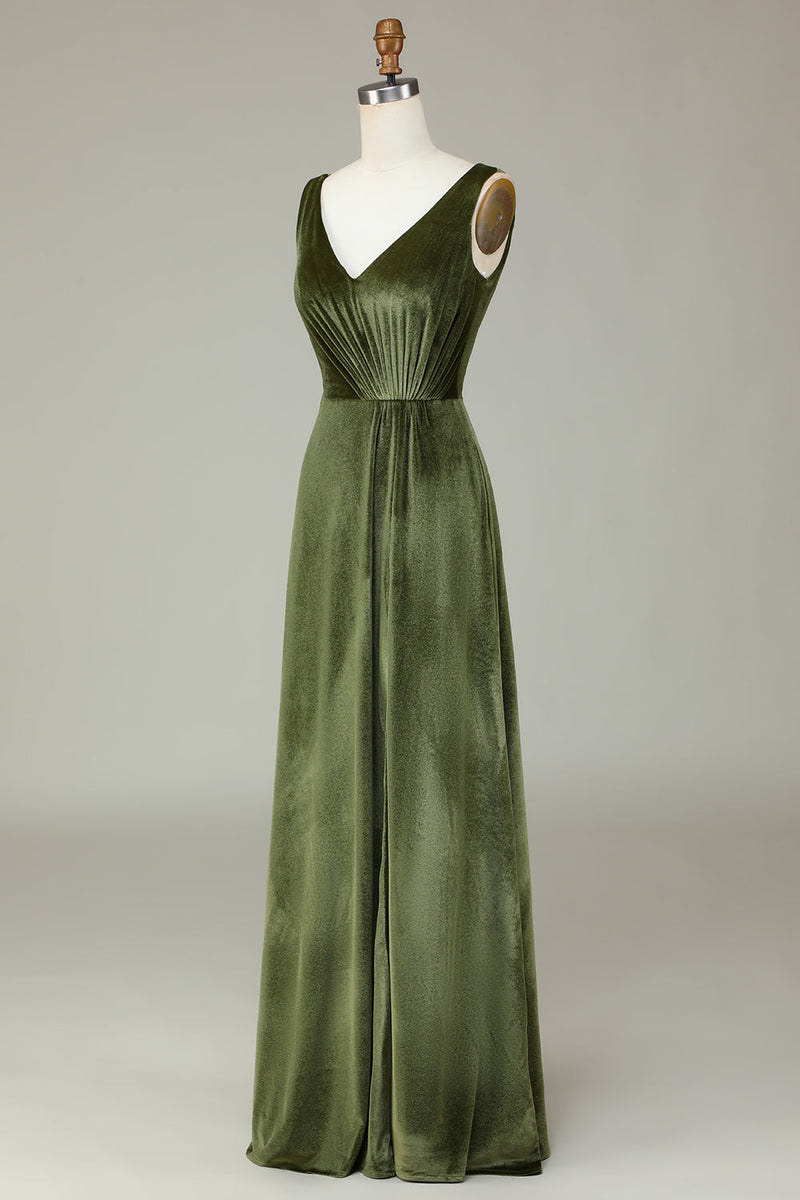 Charger l&#39;image dans la galerie, V-Neck Sans manches Olive Velvet Bridesmaid Robe