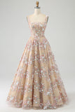 Luxueuse robe de soirée corset champagne à col carré avec appliques