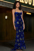 Charger l&#39;image dans la galerie, Robe de bal longue à paillettes à bretelles spaghetti sirène bleu royal avec accessoire