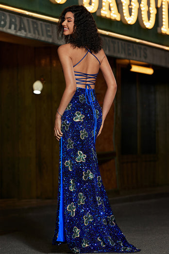 Robe de bal longue à paillettes à bretelles spaghetti sirène bleu royal avec accessoire