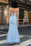 Robe de Soirée bleu clair sirène chérie Corset Appliques avec fente latérale