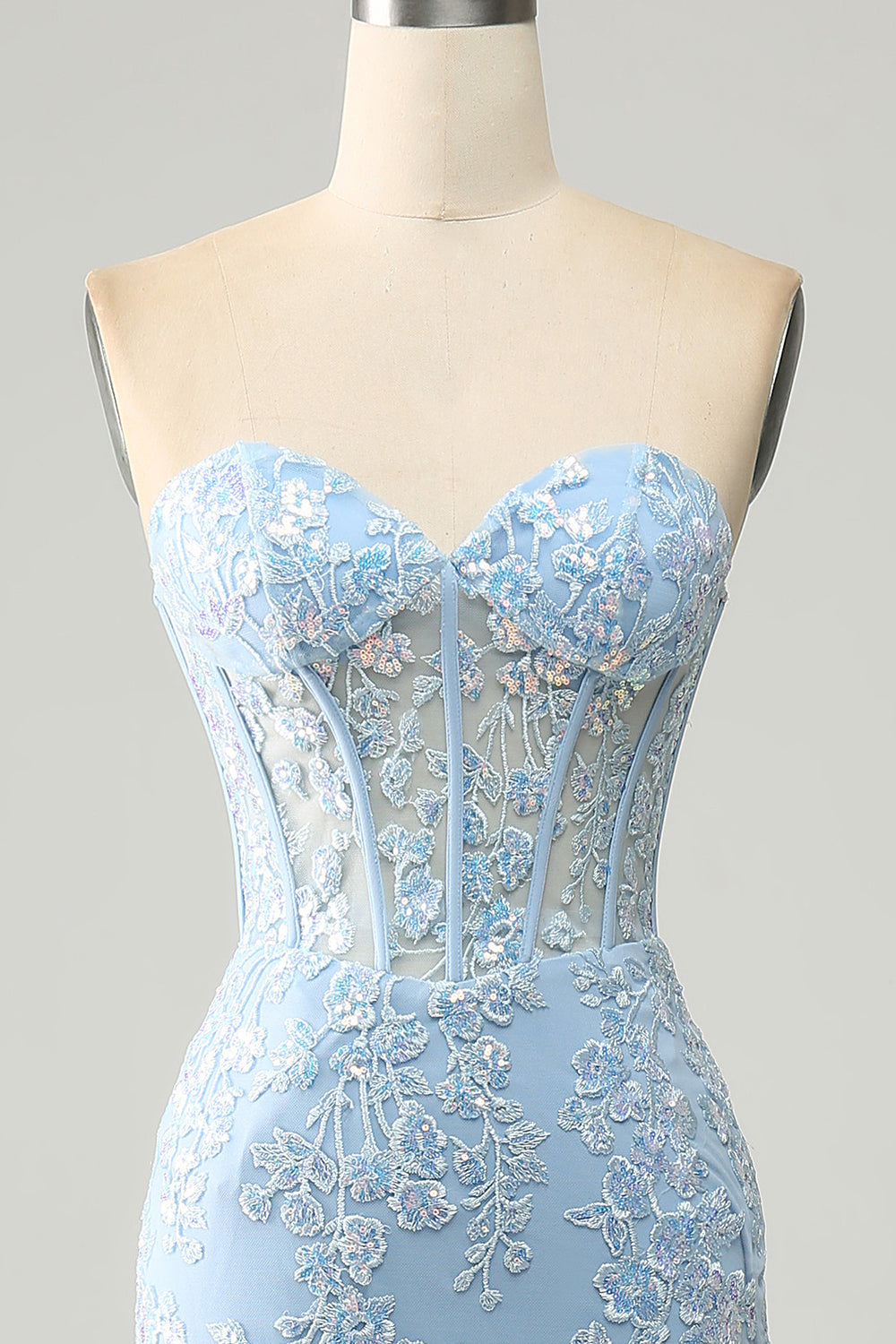 Robe de Soirée bleu clair sirène chérie Corset Appliques avec fente latérale