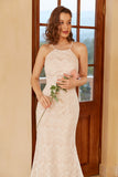 Mermaid Halter Robe de mariée en dentelle blanche avec sweep train
