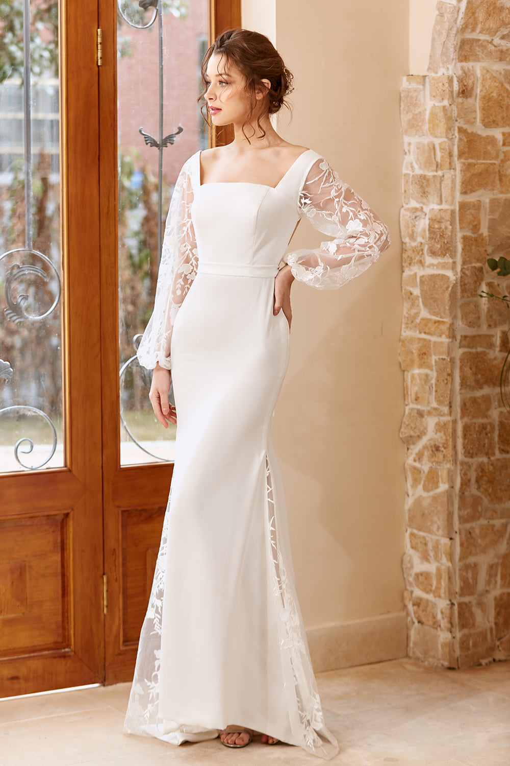 White Mermaid Manches Longues Robe de mariée