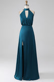 Robe de demoiselle d’honneur longue à col nu paon A-ligne avec fente