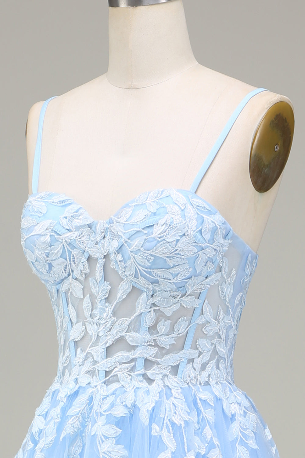 Tulle A-ligne Spaghetti Bretelles Bleu Ciel Robe de bal avec Appliques