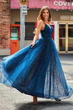 Robes de soirée en tulle perlé longues à col en V bleu marine avec plissée