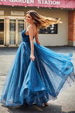 Robes de soirée en tulle perlé longues à col en V bleu marine avec plissée