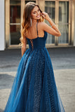 Robes de soirée en tulle perlé longues à col en V bleu marine avec plissée