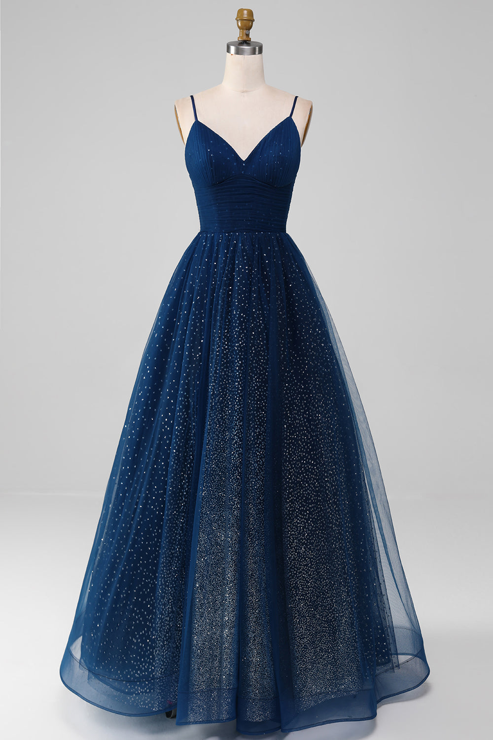 Robes de soirée en tulle perlé longues à col en V bleu marine avec plissée