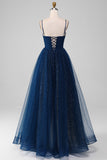 Robes de soirée en tulle perlé longues à col en V bleu marine avec plissée