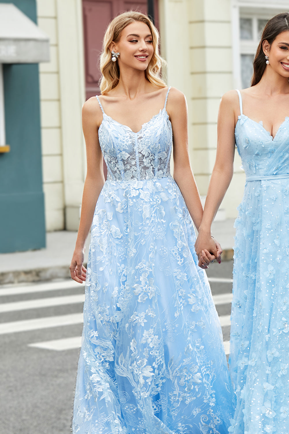 Magnifique une ligne Spaghetti Bretelles Bleu Ciel Corset Robe de soirée avec Appliques
