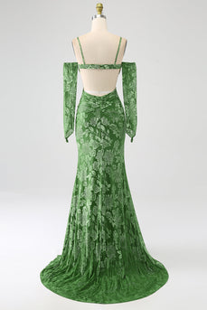 Sirène à épaules dénudées Robe de soirée longue imprimée olive avec fente sur le devant