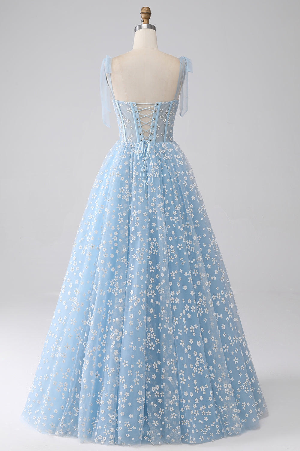 Robe de soirée corset trapèze bleu ciel à bretelles spaghetti avec fleurs