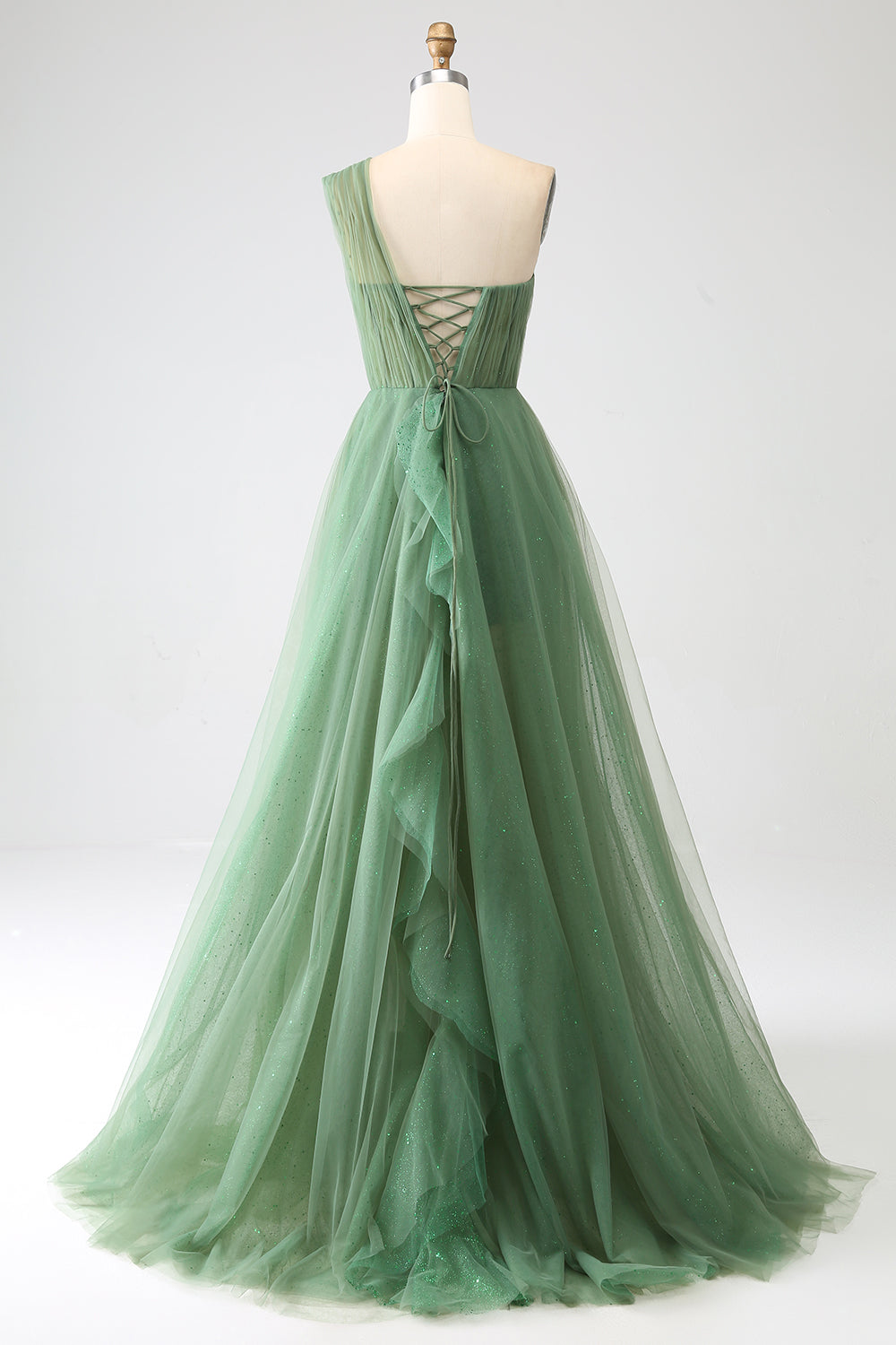 Robe de bal longue trapèze en tulle vert foncé avec fente