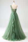 Robe de bal longue trapèze en tulle vert foncé avec fente