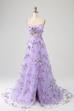 Robe de soirée longue à bretelles spaghetti A-Line lilas avec fleurs 3D