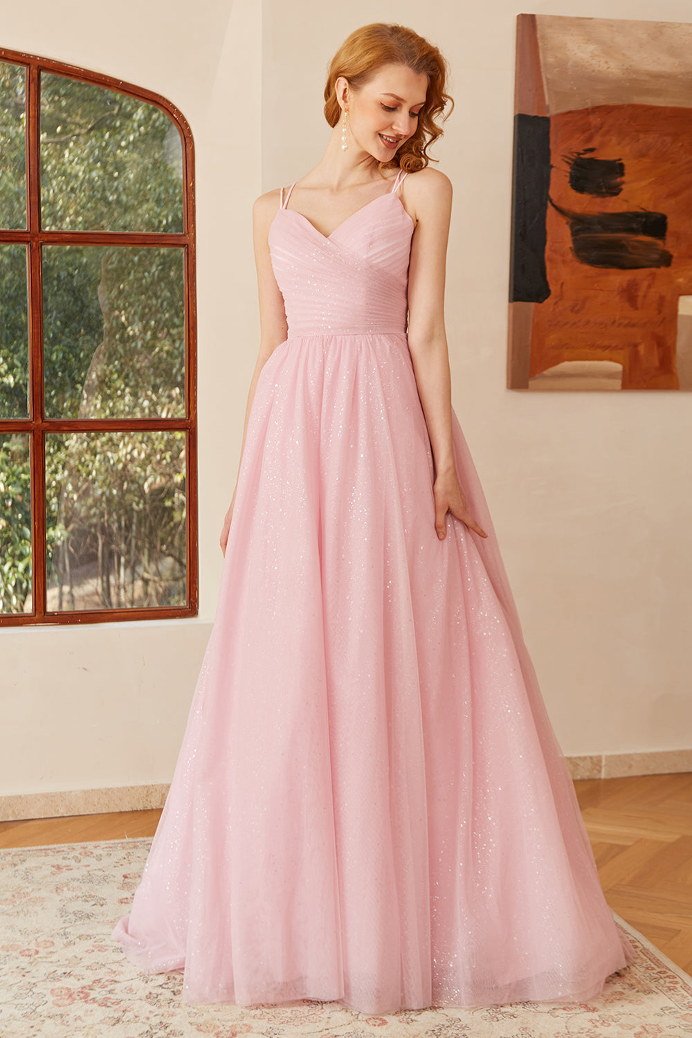 Glitter Pink Lace-Up Ruched Long Prom Robe de bal