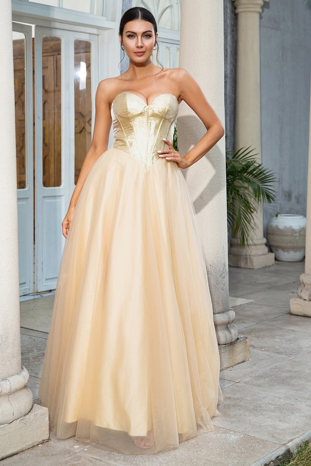 Princesse A Line Sweetheart Golden Long Prom Robe de bal