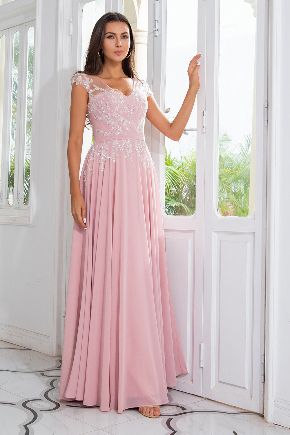 Chiffon perlé rose Robe mère de la mariée