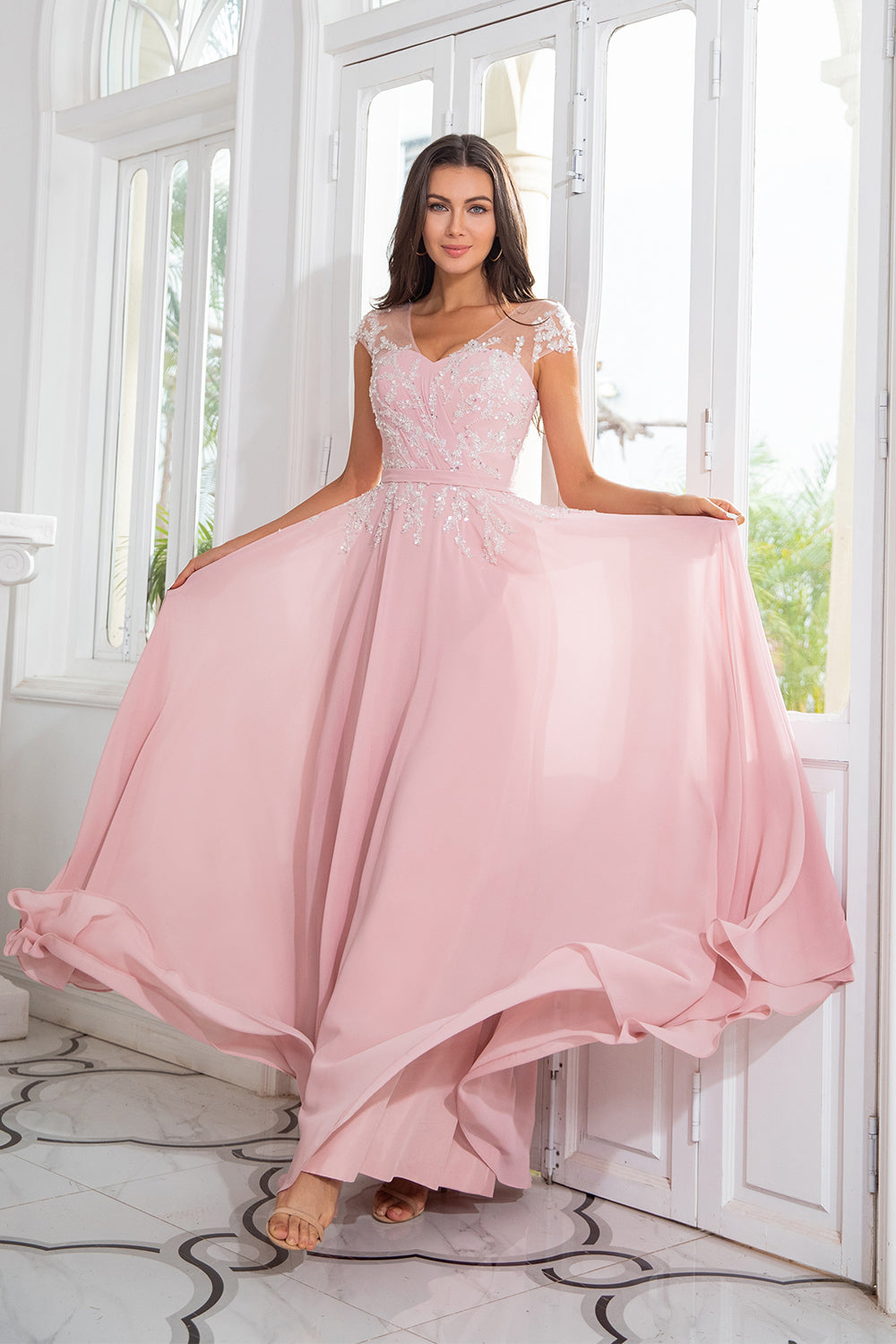 Chiffon perlé rose Robe mère de la mariée