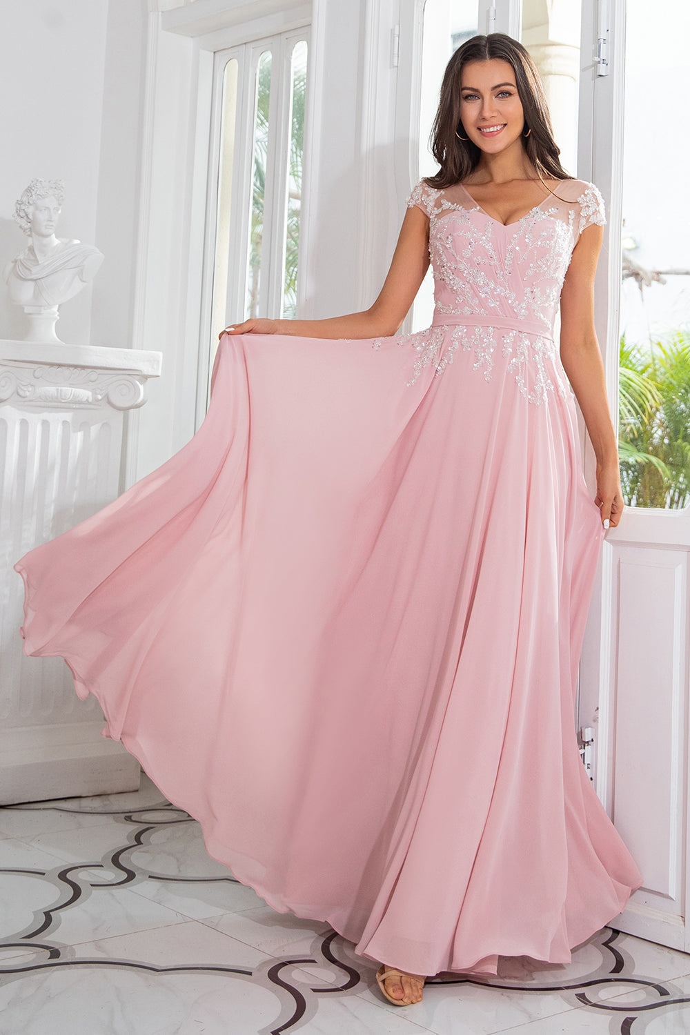 Chiffon perlé rose Robe mère de la mariée